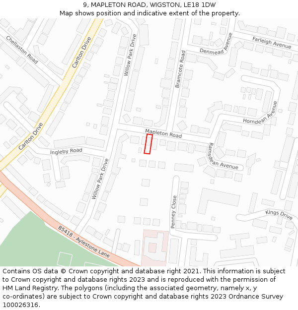 9, MAPLETON ROAD, WIGSTON, LE18 1DW: Location map and indicative extent of plot