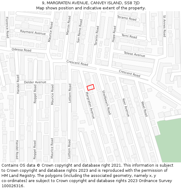 9, MARGRATEN AVENUE, CANVEY ISLAND, SS8 7JD: Location map and indicative extent of plot