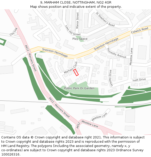 9, MARHAM CLOSE, NOTTINGHAM, NG2 4GR: Location map and indicative extent of plot