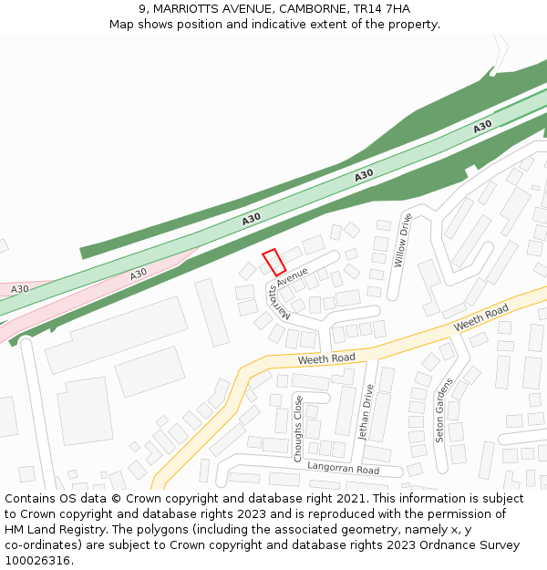 9, MARRIOTTS AVENUE, CAMBORNE, TR14 7HA: Location map and indicative extent of plot