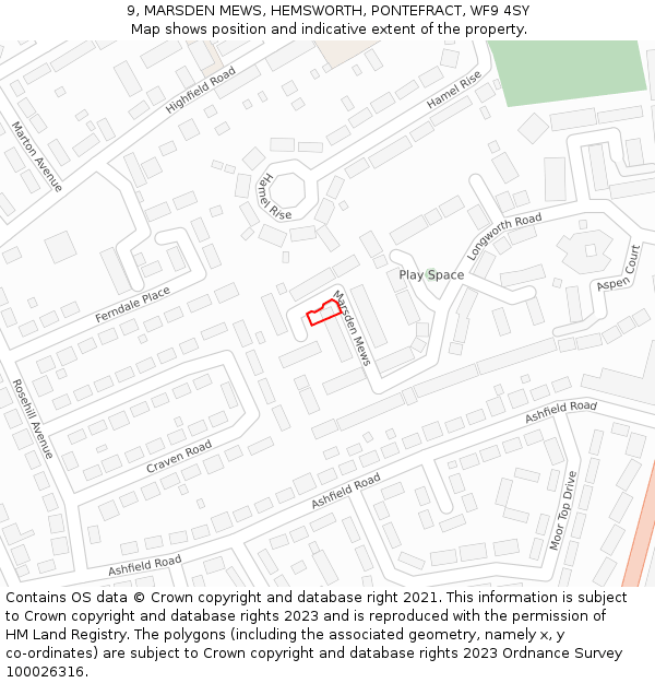 9, MARSDEN MEWS, HEMSWORTH, PONTEFRACT, WF9 4SY: Location map and indicative extent of plot