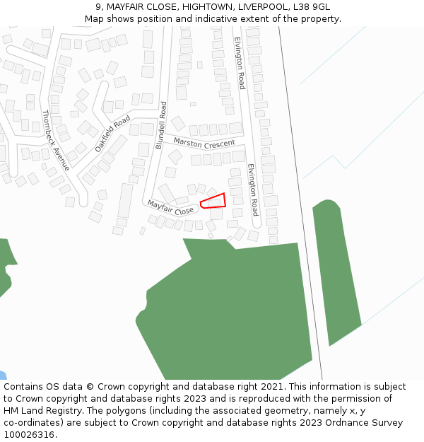 9, MAYFAIR CLOSE, HIGHTOWN, LIVERPOOL, L38 9GL: Location map and indicative extent of plot