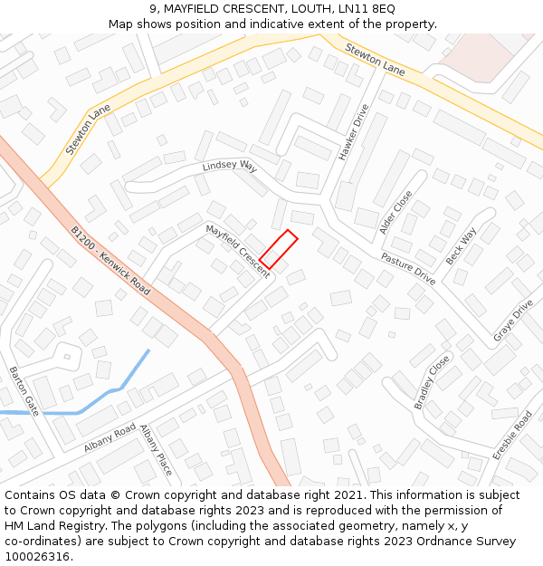 9, MAYFIELD CRESCENT, LOUTH, LN11 8EQ: Location map and indicative extent of plot