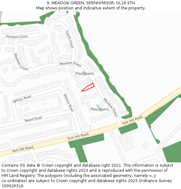 9, MEADOW GREEN, SPENNYMOOR, DL16 6TN: Location map and indicative extent of plot
