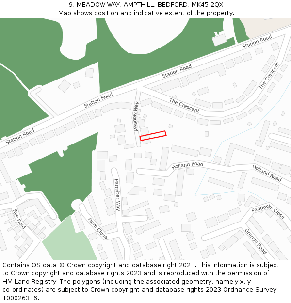 9, MEADOW WAY, AMPTHILL, BEDFORD, MK45 2QX: Location map and indicative extent of plot