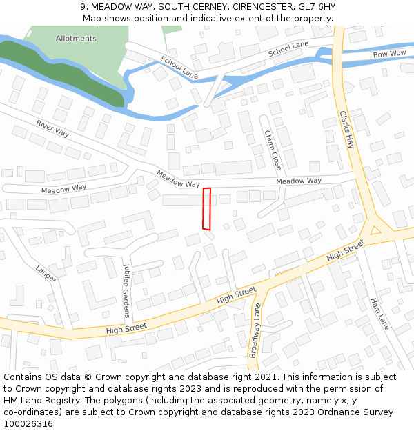 9, MEADOW WAY, SOUTH CERNEY, CIRENCESTER, GL7 6HY: Location map and indicative extent of plot