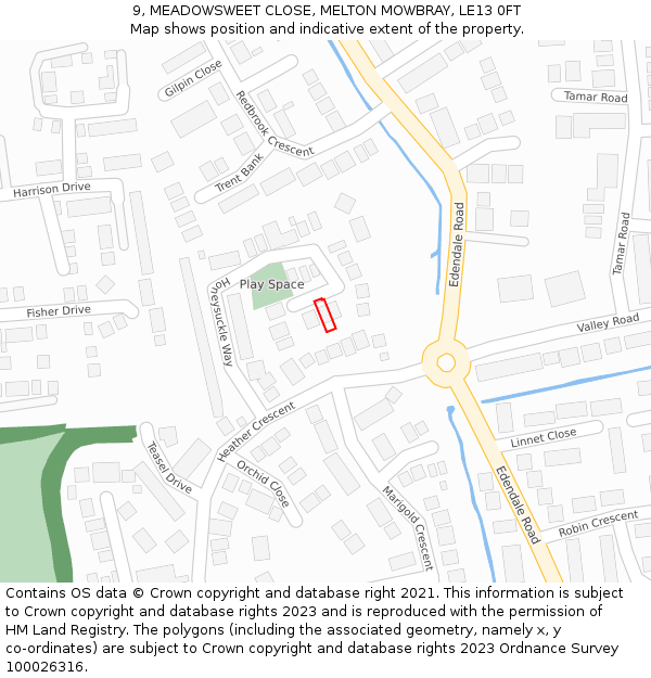 9, MEADOWSWEET CLOSE, MELTON MOWBRAY, LE13 0FT: Location map and indicative extent of plot