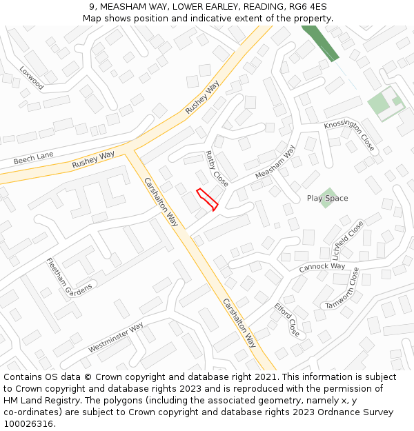 9, MEASHAM WAY, LOWER EARLEY, READING, RG6 4ES: Location map and indicative extent of plot