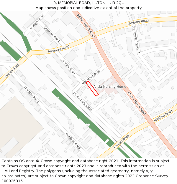 9, MEMORIAL ROAD, LUTON, LU3 2QU: Location map and indicative extent of plot