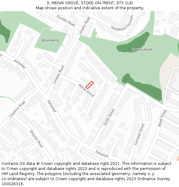 9, MENAI GROVE, STOKE-ON-TRENT, ST3 1UD: Location map and indicative extent of plot