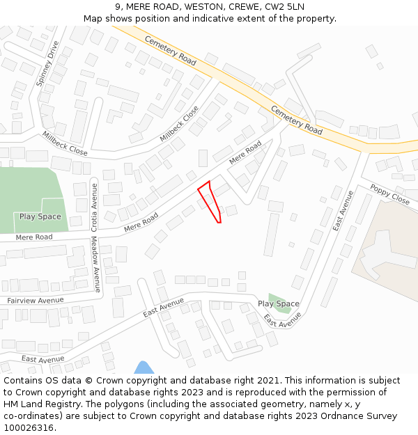 9, MERE ROAD, WESTON, CREWE, CW2 5LN: Location map and indicative extent of plot