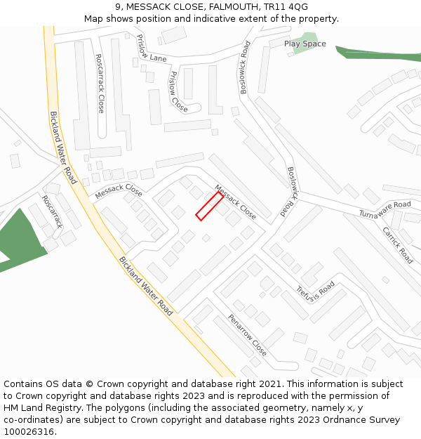 9, MESSACK CLOSE, FALMOUTH, TR11 4QG: Location map and indicative extent of plot