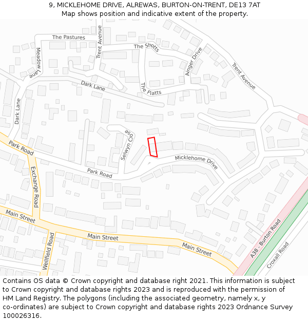 9, MICKLEHOME DRIVE, ALREWAS, BURTON-ON-TRENT, DE13 7AT: Location map and indicative extent of plot