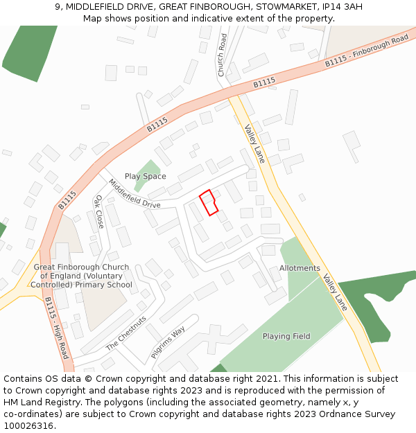 9, MIDDLEFIELD DRIVE, GREAT FINBOROUGH, STOWMARKET, IP14 3AH: Location map and indicative extent of plot