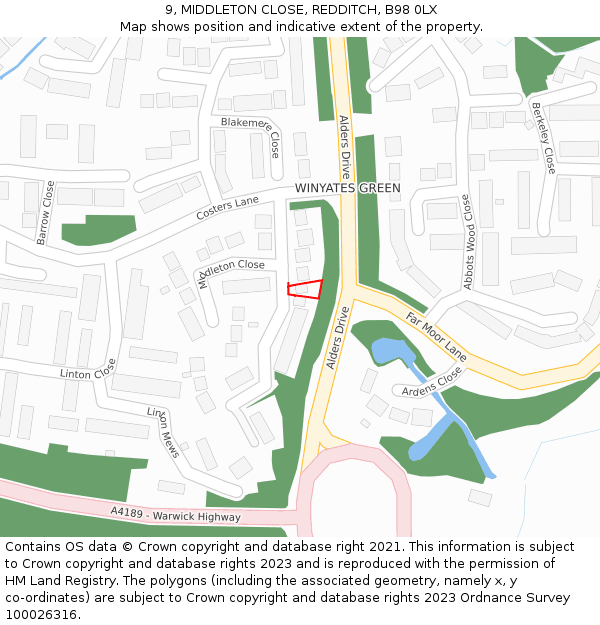 9, MIDDLETON CLOSE, REDDITCH, B98 0LX: Location map and indicative extent of plot