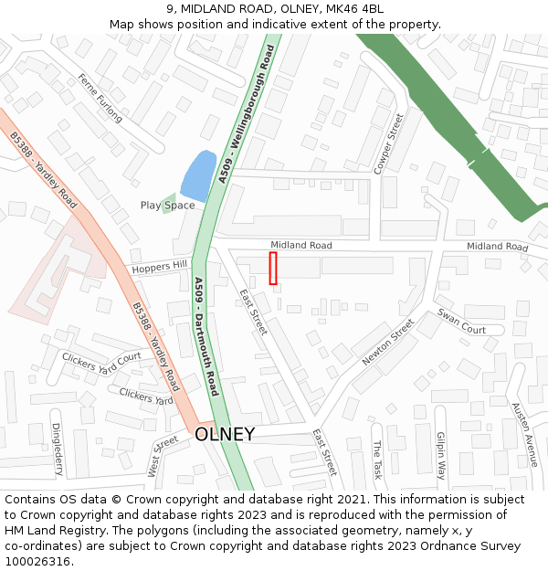 9, MIDLAND ROAD, OLNEY, MK46 4BL: Location map and indicative extent of plot