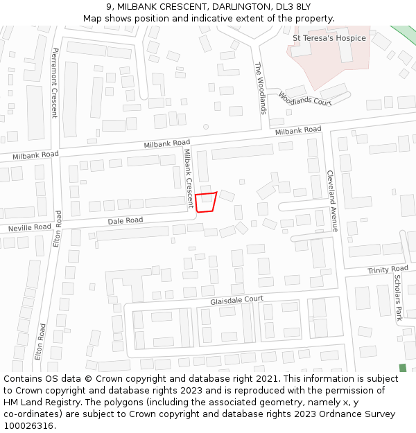 9, MILBANK CRESCENT, DARLINGTON, DL3 8LY: Location map and indicative extent of plot