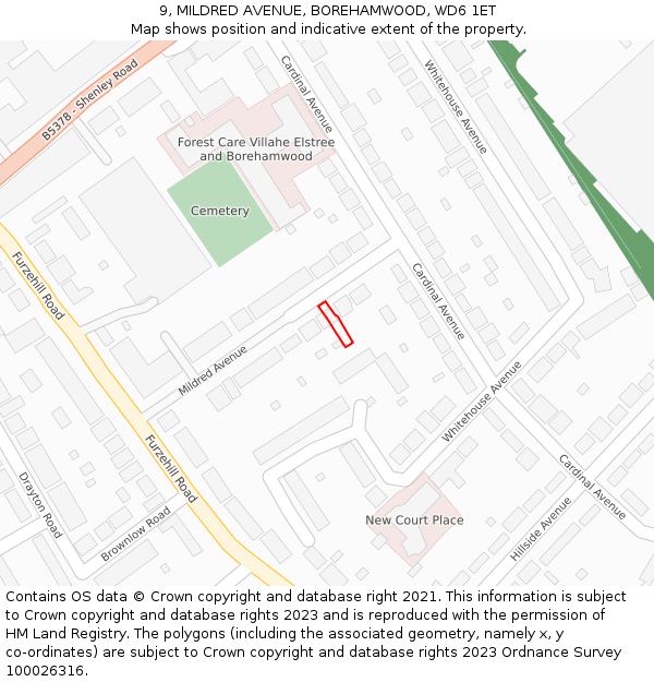 9, MILDRED AVENUE, BOREHAMWOOD, WD6 1ET: Location map and indicative extent of plot