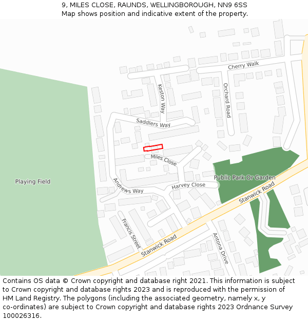 9, MILES CLOSE, RAUNDS, WELLINGBOROUGH, NN9 6SS: Location map and indicative extent of plot