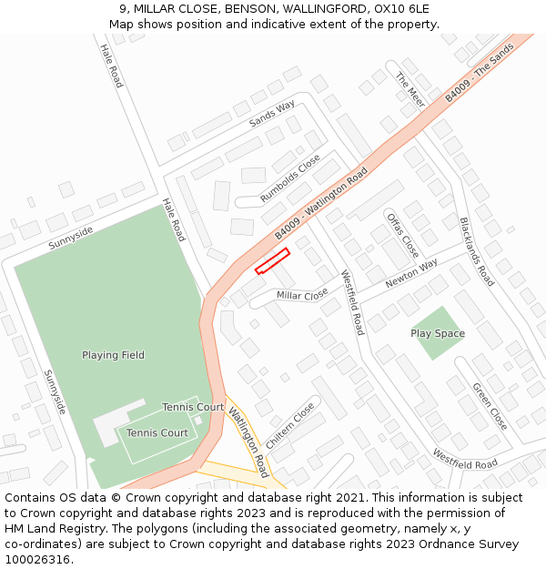 9, MILLAR CLOSE, BENSON, WALLINGFORD, OX10 6LE: Location map and indicative extent of plot