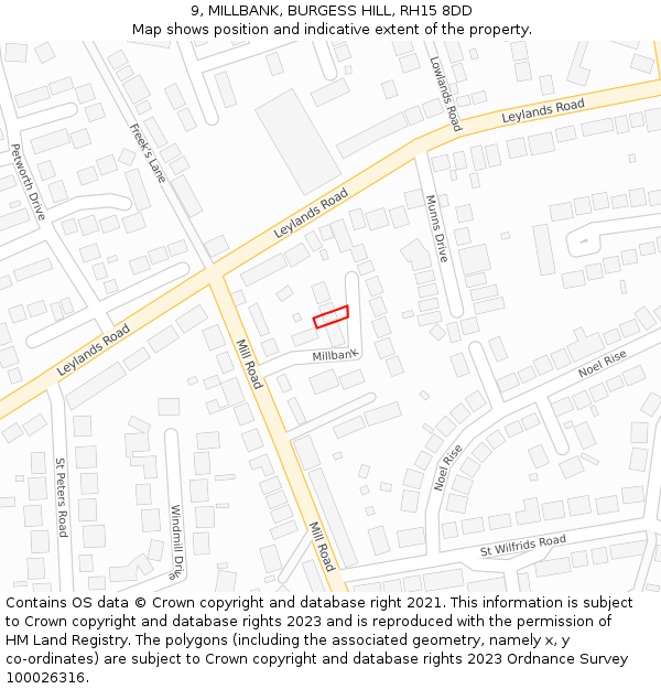 9, MILLBANK, BURGESS HILL, RH15 8DD: Location map and indicative extent of plot