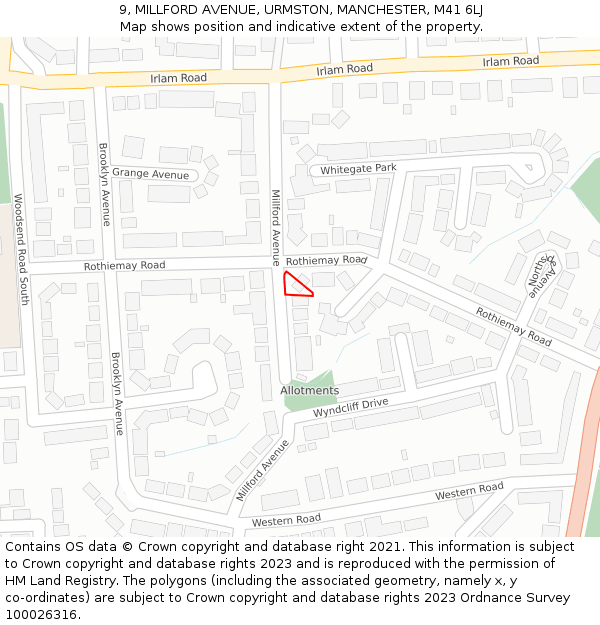 9, MILLFORD AVENUE, URMSTON, MANCHESTER, M41 6LJ: Location map and indicative extent of plot