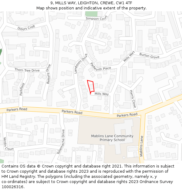 9, MILLS WAY, LEIGHTON, CREWE, CW1 4TF: Location map and indicative extent of plot