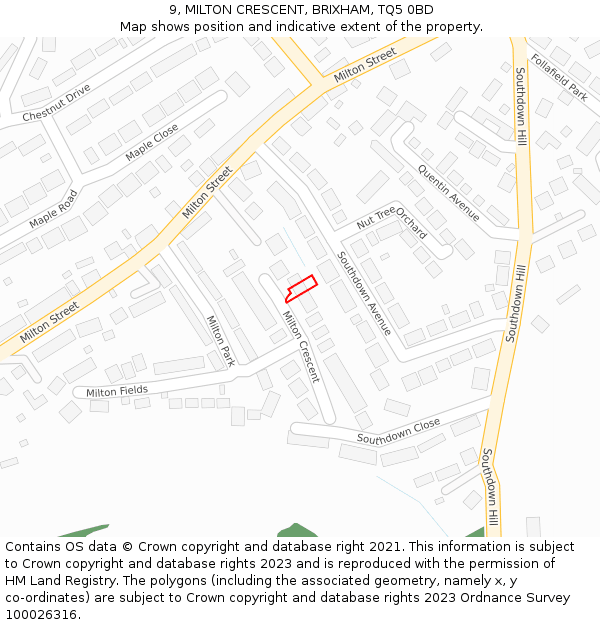 9, MILTON CRESCENT, BRIXHAM, TQ5 0BD: Location map and indicative extent of plot