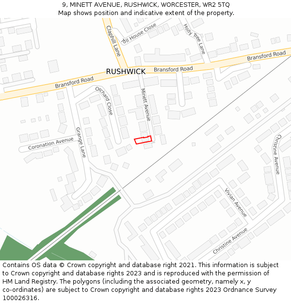 9, MINETT AVENUE, RUSHWICK, WORCESTER, WR2 5TQ: Location map and indicative extent of plot