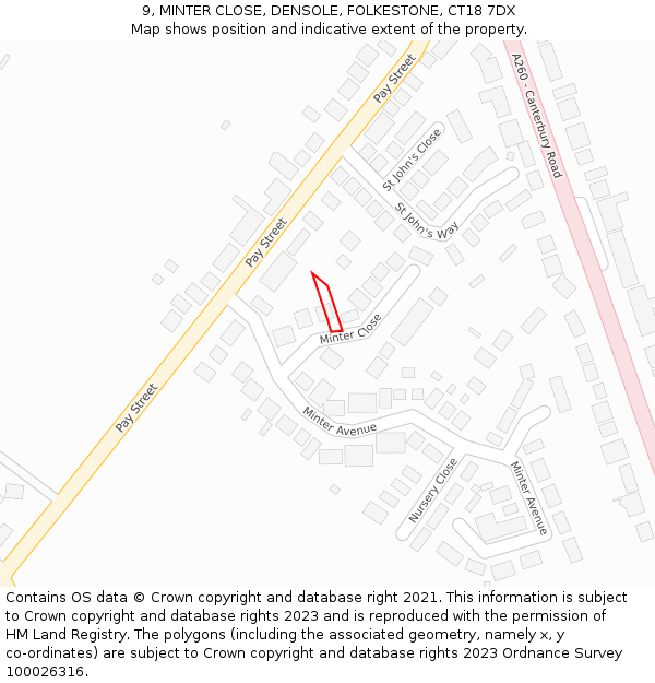 9, MINTER CLOSE, DENSOLE, FOLKESTONE, CT18 7DX: Location map and indicative extent of plot