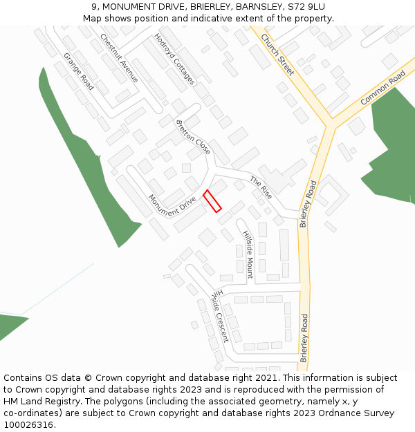 9, MONUMENT DRIVE, BRIERLEY, BARNSLEY, S72 9LU: Location map and indicative extent of plot