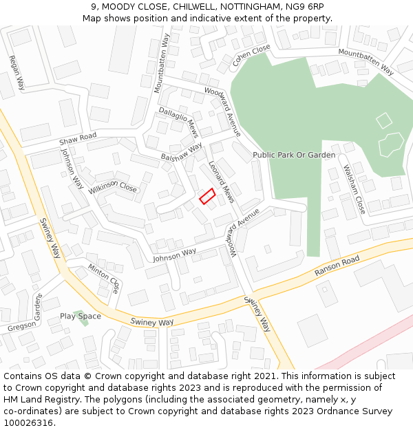 9, MOODY CLOSE, CHILWELL, NOTTINGHAM, NG9 6RP: Location map and indicative extent of plot