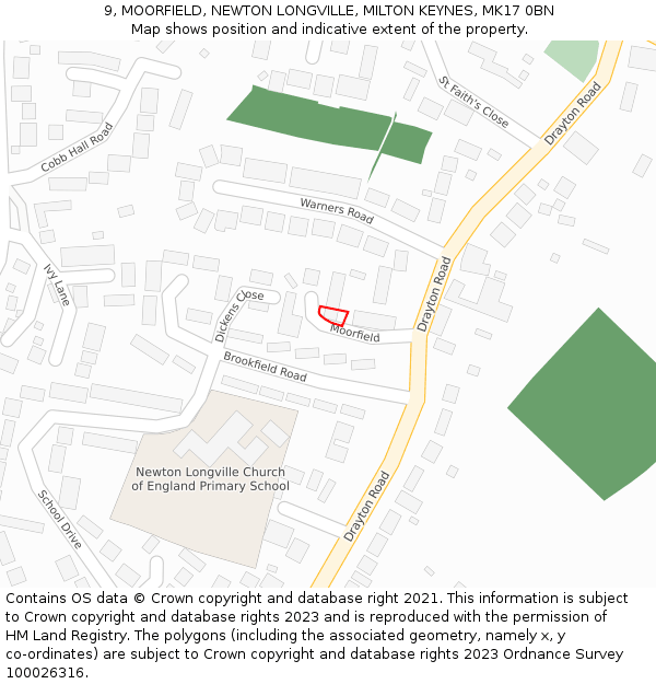 9, MOORFIELD, NEWTON LONGVILLE, MILTON KEYNES, MK17 0BN: Location map and indicative extent of plot