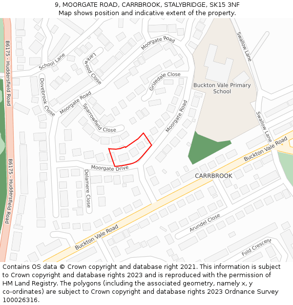 9, MOORGATE ROAD, CARRBROOK, STALYBRIDGE, SK15 3NF: Location map and indicative extent of plot