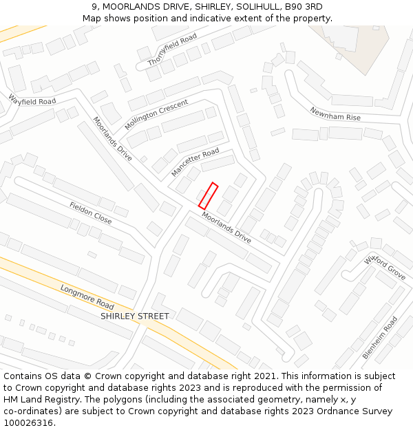 9, MOORLANDS DRIVE, SHIRLEY, SOLIHULL, B90 3RD: Location map and indicative extent of plot