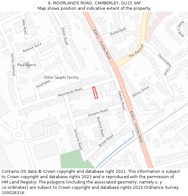 9, MOORLANDS ROAD, CAMBERLEY, GU15 3AF: Location map and indicative extent of plot