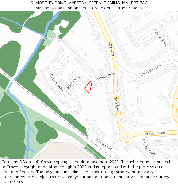 9, MOSELEY DRIVE, MARSTON GREEN, BIRMINGHAM, B37 7AG: Location map and indicative extent of plot