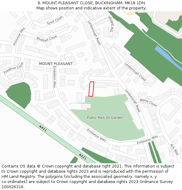 9, MOUNT PLEASANT CLOSE, BUCKINGHAM, MK18 1DN: Location map and indicative extent of plot