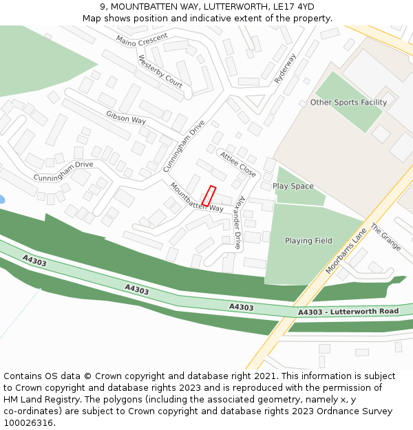 9, MOUNTBATTEN WAY, LUTTERWORTH, LE17 4YD: Location map and indicative extent of plot