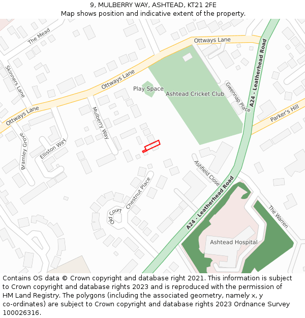 9, MULBERRY WAY, ASHTEAD, KT21 2FE: Location map and indicative extent of plot