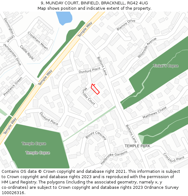 9, MUNDAY COURT, BINFIELD, BRACKNELL, RG42 4UG: Location map and indicative extent of plot