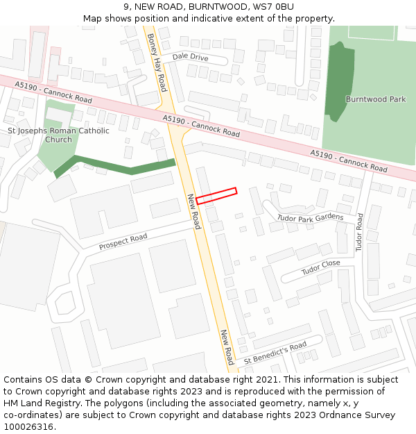 9, NEW ROAD, BURNTWOOD, WS7 0BU: Location map and indicative extent of plot