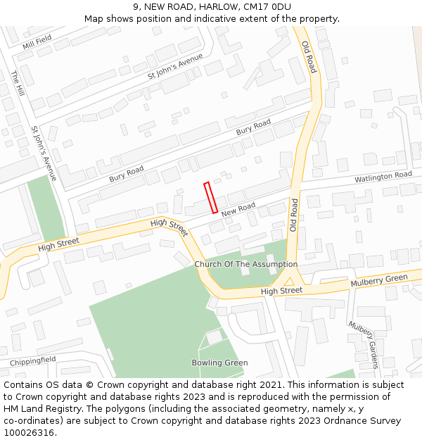 9, NEW ROAD, HARLOW, CM17 0DU: Location map and indicative extent of plot