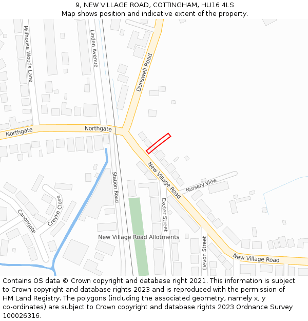 9, NEW VILLAGE ROAD, COTTINGHAM, HU16 4LS: Location map and indicative extent of plot