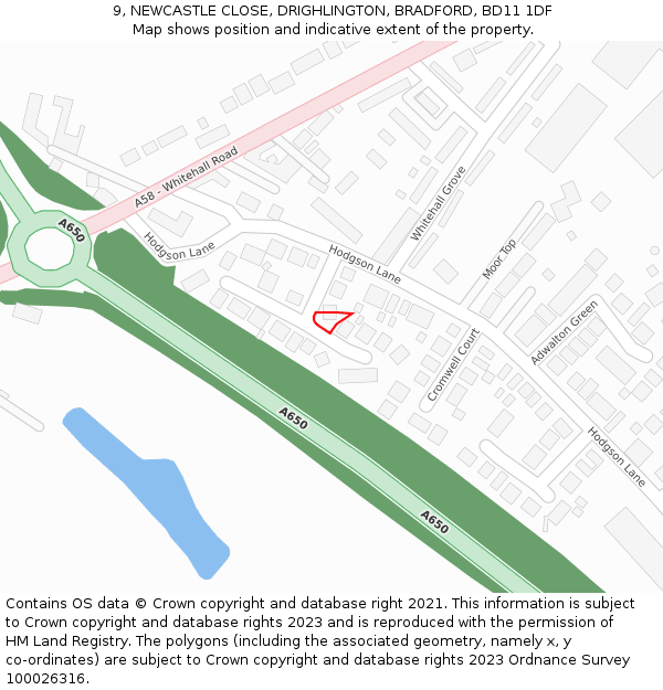 9, NEWCASTLE CLOSE, DRIGHLINGTON, BRADFORD, BD11 1DF: Location map and indicative extent of plot