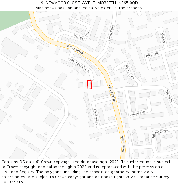 9, NEWMOOR CLOSE, AMBLE, MORPETH, NE65 0QD: Location map and indicative extent of plot