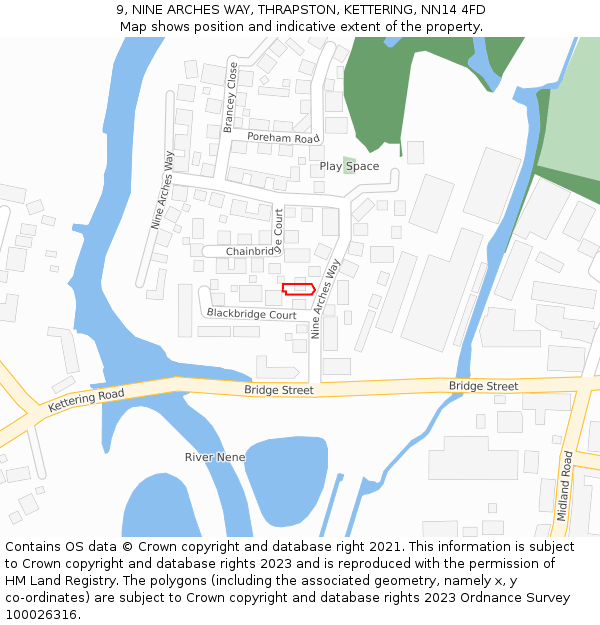 9, NINE ARCHES WAY, THRAPSTON, KETTERING, NN14 4FD: Location map and indicative extent of plot