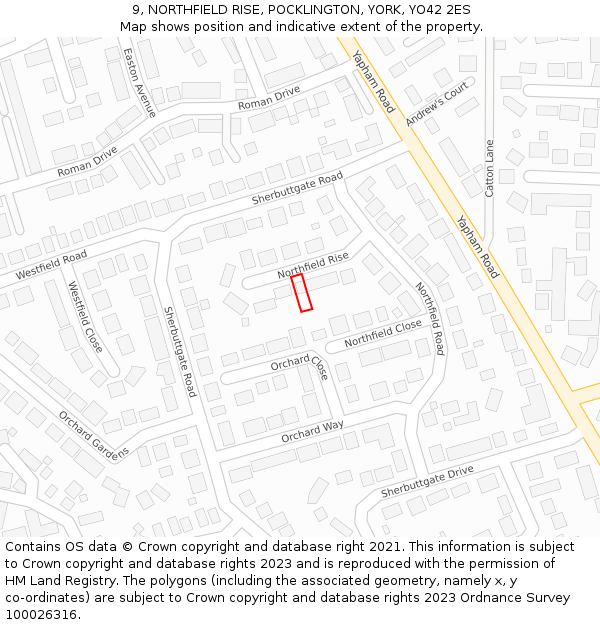 9, NORTHFIELD RISE, POCKLINGTON, YORK, YO42 2ES: Location map and indicative extent of plot