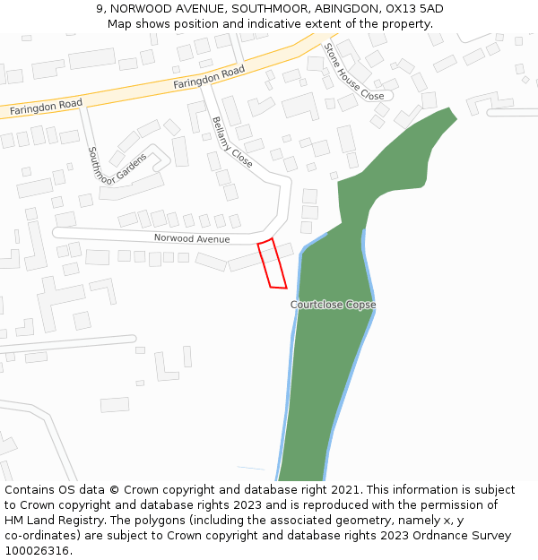 9, NORWOOD AVENUE, SOUTHMOOR, ABINGDON, OX13 5AD: Location map and indicative extent of plot