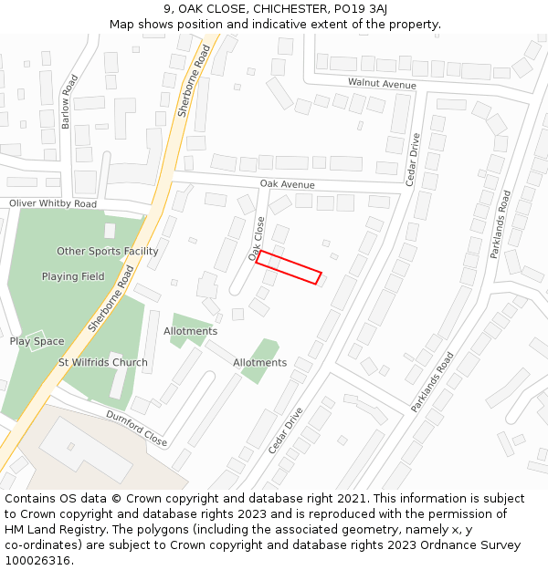 9, OAK CLOSE, CHICHESTER, PO19 3AJ: Location map and indicative extent of plot